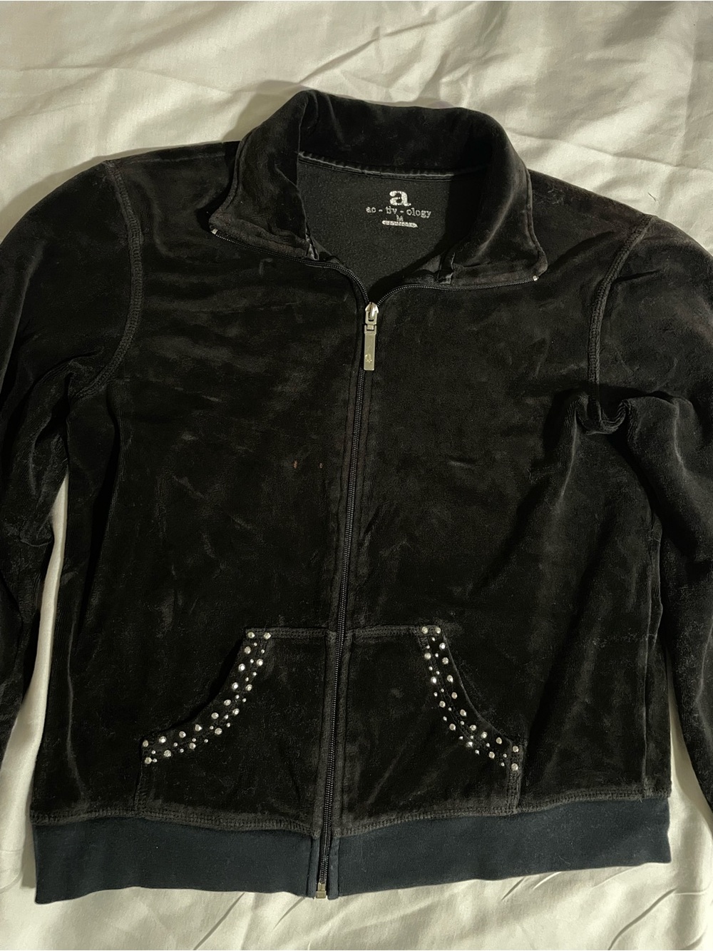 Black y2k Velour Zip-Up Jacket with Studded Pockets